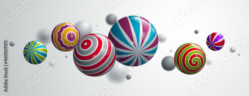 Abstract realistic glossy spheres vector background, composition of flying balls decorated with patterns, 3D mixed lined globes, depth of field effect.