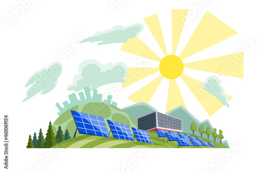 Clean electric energy concept. Renewable electricity resource from solar panels. Ecological change of the future. City skyline and nature landscape on background