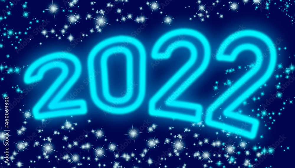 New year 2022. Illustration with blue neon imitation number with dark blue background and shining stars. New year 2022. Illustration with blue neon imitation number with dark blue background and shining stars.