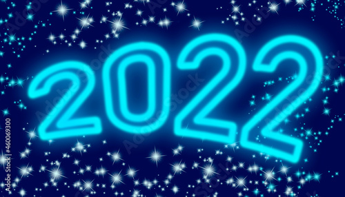 New year 2022. Illustration with blue neon imitation number with dark blue background and shining stars.
