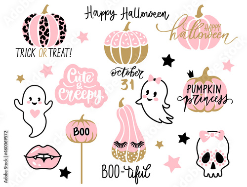 Halloween set with cute elements. Kawaii pumpkin, cartoon ghost, vampire lips, halloween quotes. October 31