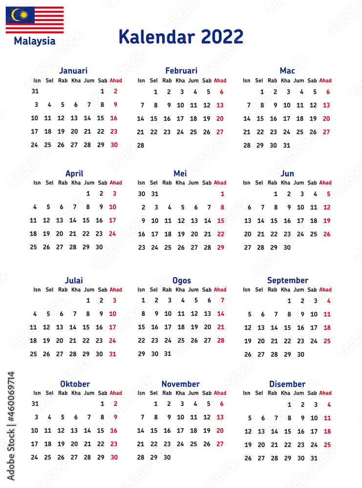 Simple annual 2022 year wall and book calendar. Malay language. Week starts on Monday. Sunday highlighted. No holidays highlighted. EPS 10 vector illustration, no transparency, no gradients