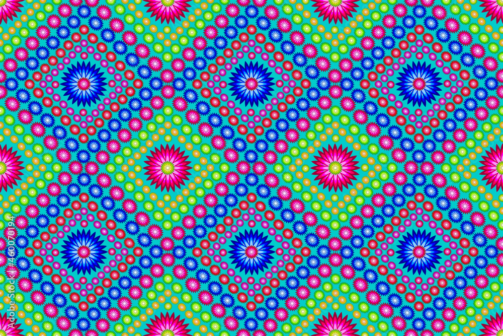Multicolored floral patterns make up a seamless square grid on a cyan colored background.