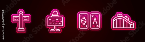 Set line Road traffic signpost, Magic ball on table, Tarot cards and Roller coaster. Glowing neon icon. Vector
