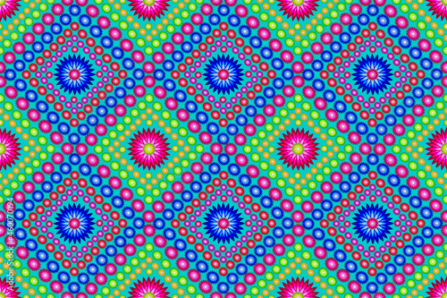 Multicolored floral patterns make up a seamless square grid on a cyan colored background.