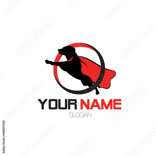 Superhero dog with cape and circle logo isolated on white background