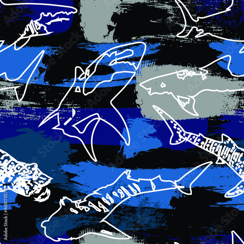 Abstract seamless pattern with sharks.Grunge modern background for boys 
