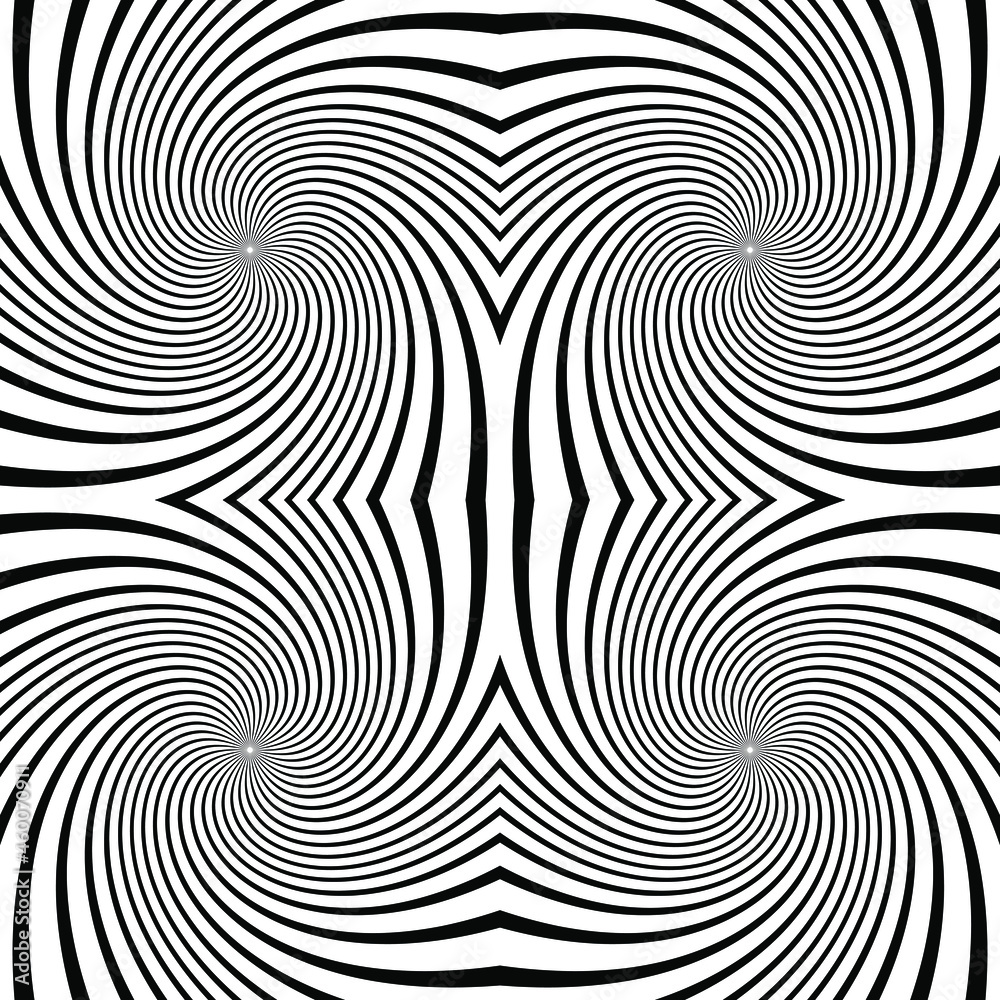 Pattern with optical illusion. Black and white design. Abstract 3D geometrical striped background. Vector illustration kaleidoscope. Solar explosion. Sunburst rays. Banner flyer for show, fair. Pattern with optical illusion. Black and white design. Abstract 3D geometrical striped background. Vector illustration kaleidoscope. Solar explosion. Sunburst rays. Banner flyer for show, fair.
