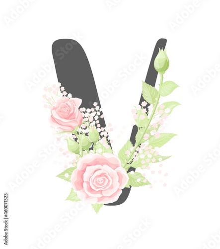 Vector floral alphabet letter V with pink cream rose flowers and green leaves