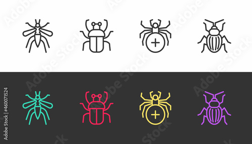Set line Mosquito, Stink bug, Spider and Chafer beetle on black and white. Vector