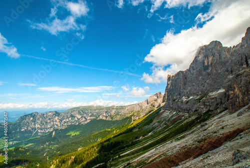 Rosengarten also called Catinaccio mountain range in the Dolomites of South Tyrol (Alto Adige) during autumn. The Vajolet Towers and the rock face of mount Laurin Wand. The Rosengarten is part of the  photo