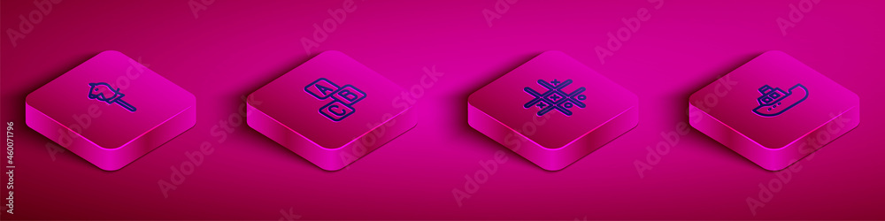 Set Isometric line Toy horse, ABC blocks, Tic tac toe game and boat icon. Vector Set Isometric line Toy horse, ABC blocks, Tic tac toe game and boat icon. Vector