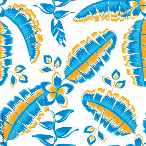 blue banana leaves with orange color combination and frangipani flowers, heliconia tropical seamless pattern plants in a beautiful frame for shirt. exotic summer design. jungle
