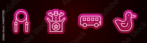Set line Jump rope, Jack in the box toy, Bus and Rubber duck. Glowing neon icon. Vector
