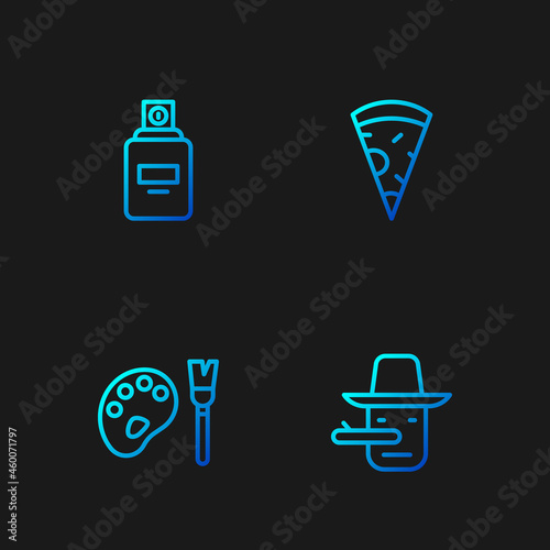 Set line Pinocchio, Paint brush with palette, Perfume and Slice of pizza. Gradient color icons. Vector