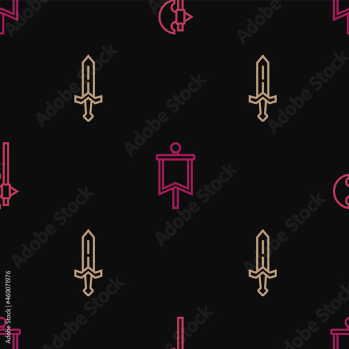 Set line Medieval axe, sword and flag on seamless pattern. Vector