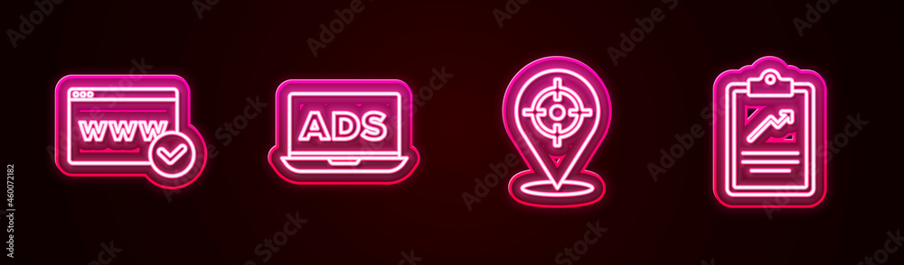 Set line Website template, Advertising, Target sport and Clipboard with graph chart. Glowing neon icon. Vector Set line Website template, Advertising, Target sport and Clipboard with graph chart. Glowing neon icon. Vector