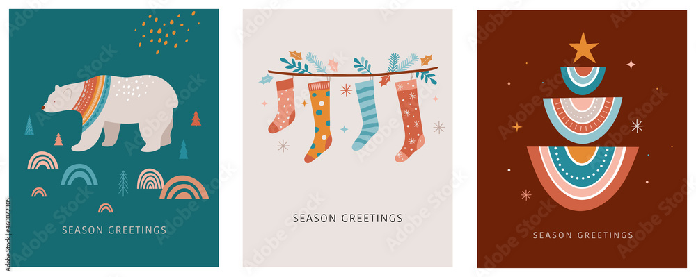 Merry Christmas Boho, Bohemian collection. Vector trendy Xmas design and illustration. Rainbows, decorations and Nordic winter elements