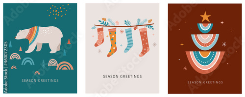Merry Christmas Boho, Bohemian collection. Vector trendy Xmas design and illustration. Rainbows, decorations and Nordic winter elements