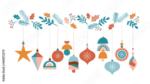 Merry Christmas Boho, Bohemian collection. Vector trendy Xmas design and illustration. Rainbows, decorations and Nordic winter elements