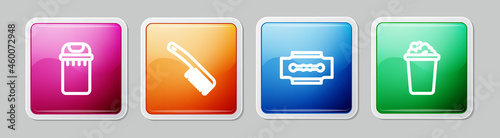 Set line Trash can, Hairbrush, Blade razor and Bucket with soap suds. Colorful square button. Vector