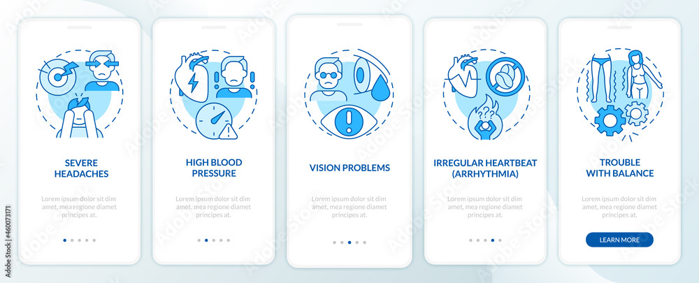 Hypertension signs onboarding mobile app page screen. Severe headache walkthrough 5 steps graphic instructions with concepts. UI, UX, GUI vector template with linear color illustrations Hypertension signs onboarding mobile app page screen. Severe headache walkthrough 5 steps graphic instructions with concepts. UI, UX, GUI vector template with linear color illustrations