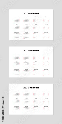 Set of calendars 2022, 2023, 2024. Blank printable vertical one-page calendar templates. Vector illustration 10 EPS.