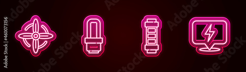 Set line Wind turbine, LED light bulb, Battery and Lightning bolt. Glowing neon icon. Vector