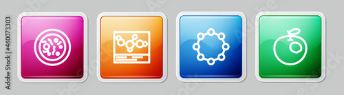 Set line Petri dish with bacteria, Chemical formula, and Genetically modified apple. Colorful square button. Vector