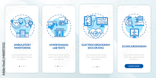 High blood pressure test onboarding mobile app page screen. Echo, electrocardiogram walkthrough 4 steps graphic instructions with concepts. UI, UX, GUI vector template with linear color illustrations