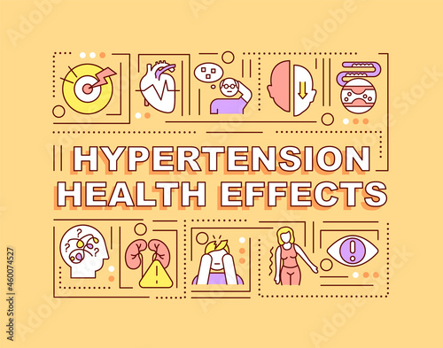 Hypertension health effects word concepts banner. Health complications. Infographics with linear icons on orange background. Isolated creative typography. Vector outline color illustration with text