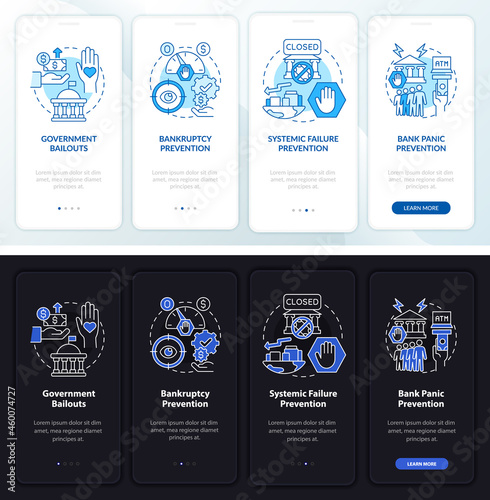 Government bank management onboarding mobile app page screen. Bailout walkthrough 4 steps graphic instructions with concepts. UI, UX, GUI vector template with linear night and day mode illustrations