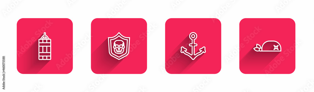 Set line Dynamite bomb, Shield with pirate skull, Anchor and Pirate bandana for head with long shadow. Red square button. Vector Set line Dynamite bomb, Shield with pirate skull, Anchor and Pirate bandana for head with long shadow. Red square button. Vector