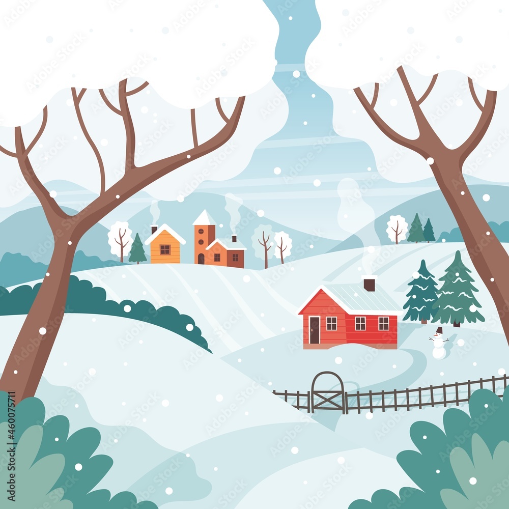 Winter landscape with trees, fields, houses. Seasonal countryside landscape. Vector illustration in flat style