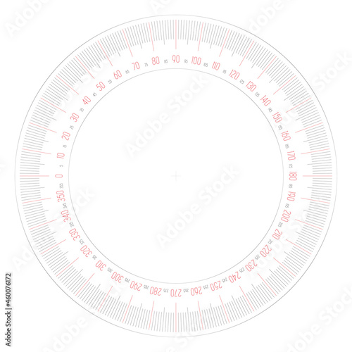 Full 360 degrees protractor - measuring instrument for measuring angles in geometry. Thin line vector illustration.