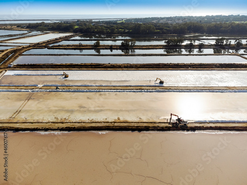 Aerial view of sea salt harvest at the salines in Portugal
