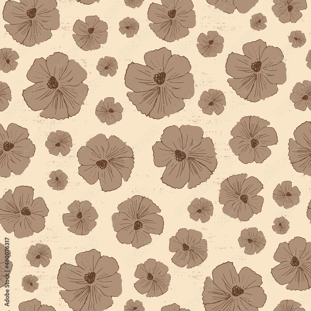 Hand drawn field flower in off white and beige vector seamless repeat pattern print background