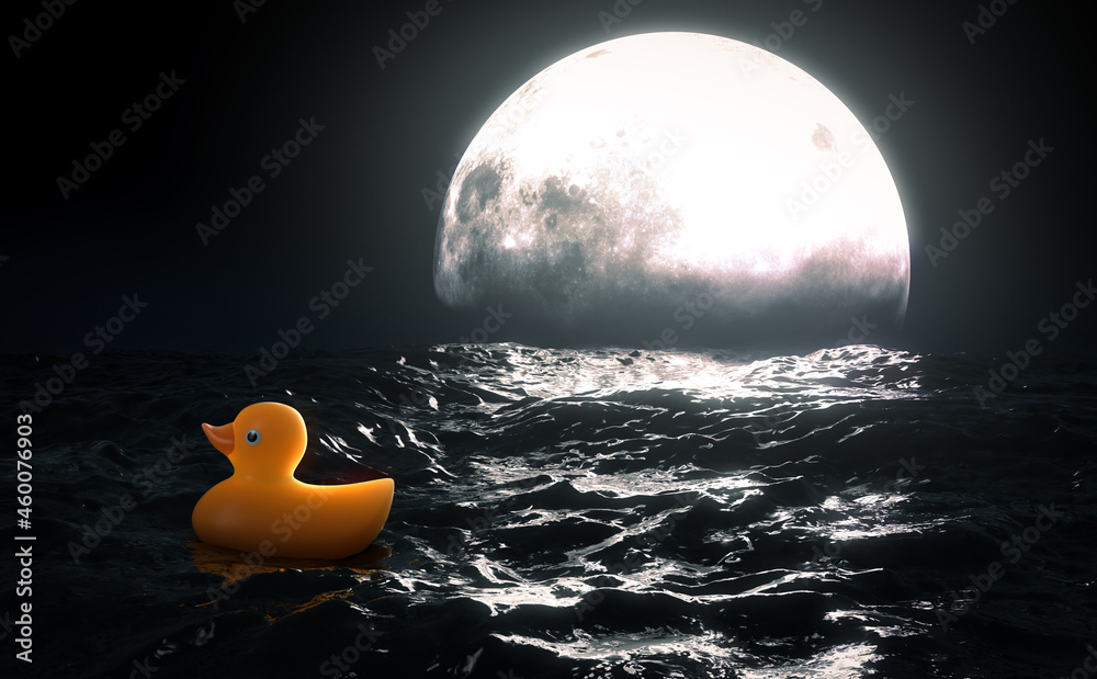 Rubber Duck and Moon On Water - obrazy, fototapety, plakaty 