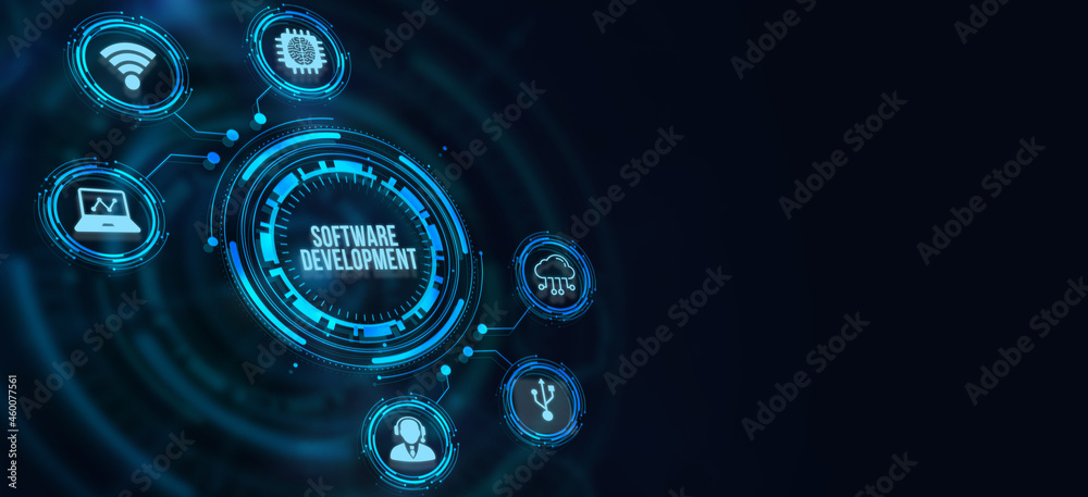 Internet, business, Technology and network concept. Inscription Software Development on the virtual display.