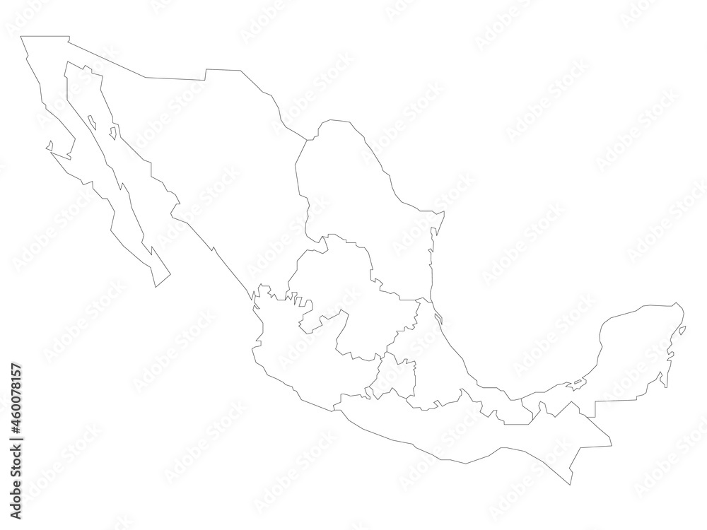 Political map of Mexico. Administrative divisions - regions. Simple flat blank black outline vector map.