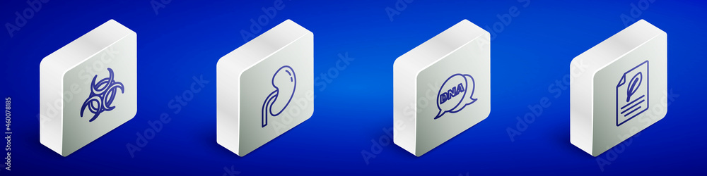 Set Isometric line Biohazard symbol, Human kidney, DNA and Eco paper with leaf icon. Vector