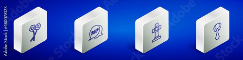 Set Isometric line Flower, Speech bubble rip death, Grave with cross and Tie icon. Vector
