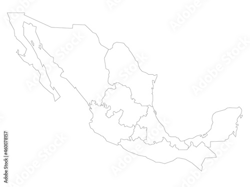 Political map of Mexico. Administrative divisions - regions. Simple flat blank black outline vector map.