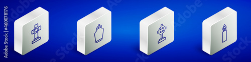 Set Isometric line Grave with cross, Funeral urn, and Burning candle icon. Vector