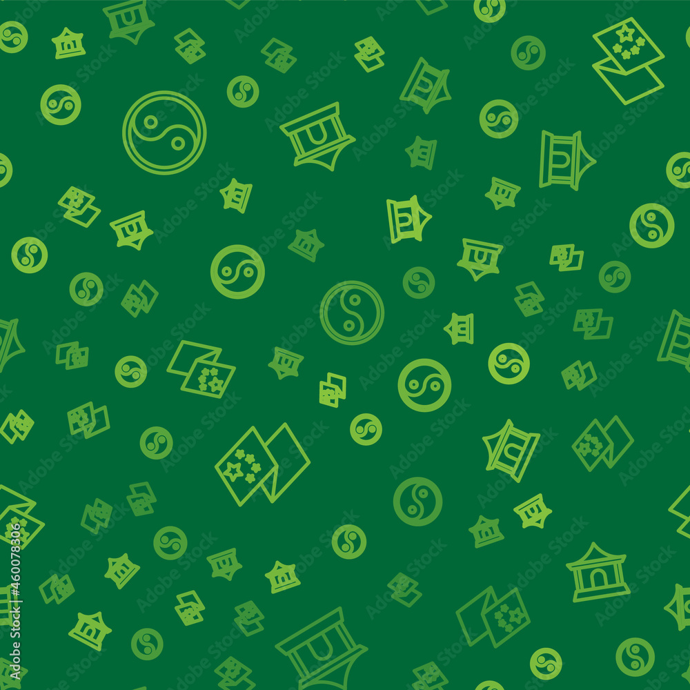 Set line Yin Yang, China flag and Chinese house on seamless pattern. Vector