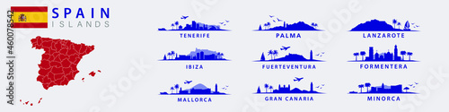 Collection of spanish landscapes of islands in Spain, like Ibiza, Tenerife, Las Palmas, Gran Canaria, Minorca, Formentera, Lanzarote, Fuerteventura photo