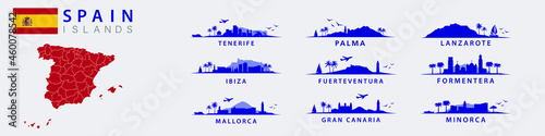 Obraz na płótnie Collection of spanish landscapes of islands in Spain, like Ibiza, Tenerife, Las Palmas, Gran Canaria, Minorca, Formentera, Lanzarote, Fuerteventura w salonie