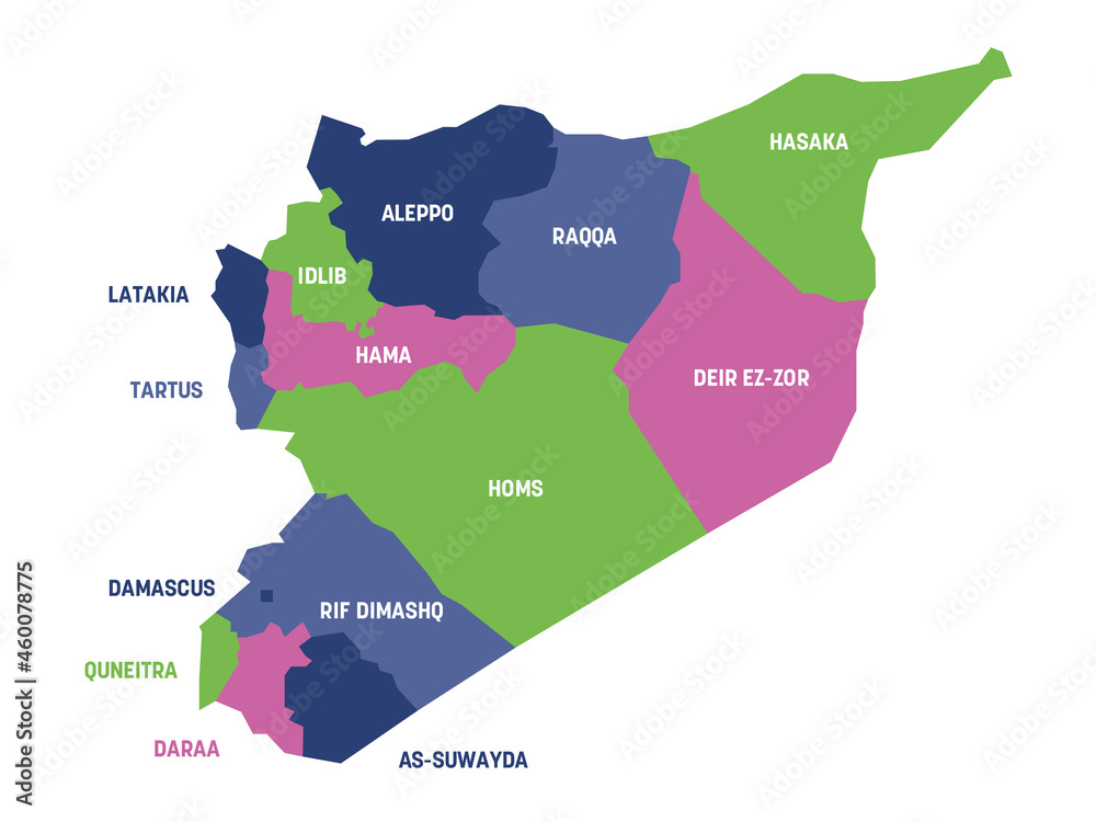 Colorful political map of Syria. Administrative divisions - governorates. Simple flat vector map with labels.