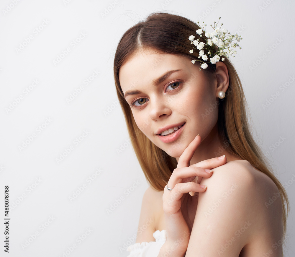 woman attractive look flowers in hair modern style woman attractive look flowers in hair modern style