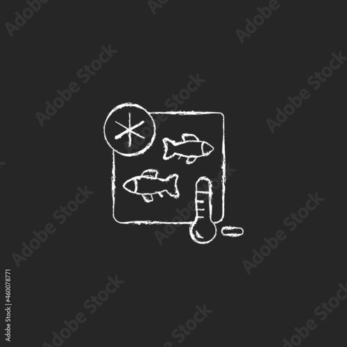 Fish storing chalk white icon on dark background. Keep cool to save quality. Seafood storage. Freezing fish for trade. Storing conditions. Isolated vector chalkboard illustration on black
